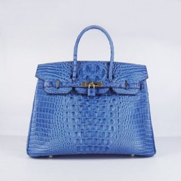 Hermes Birkin 35Cm Crocodile Head Stripe Handbags Dark Blue Golde